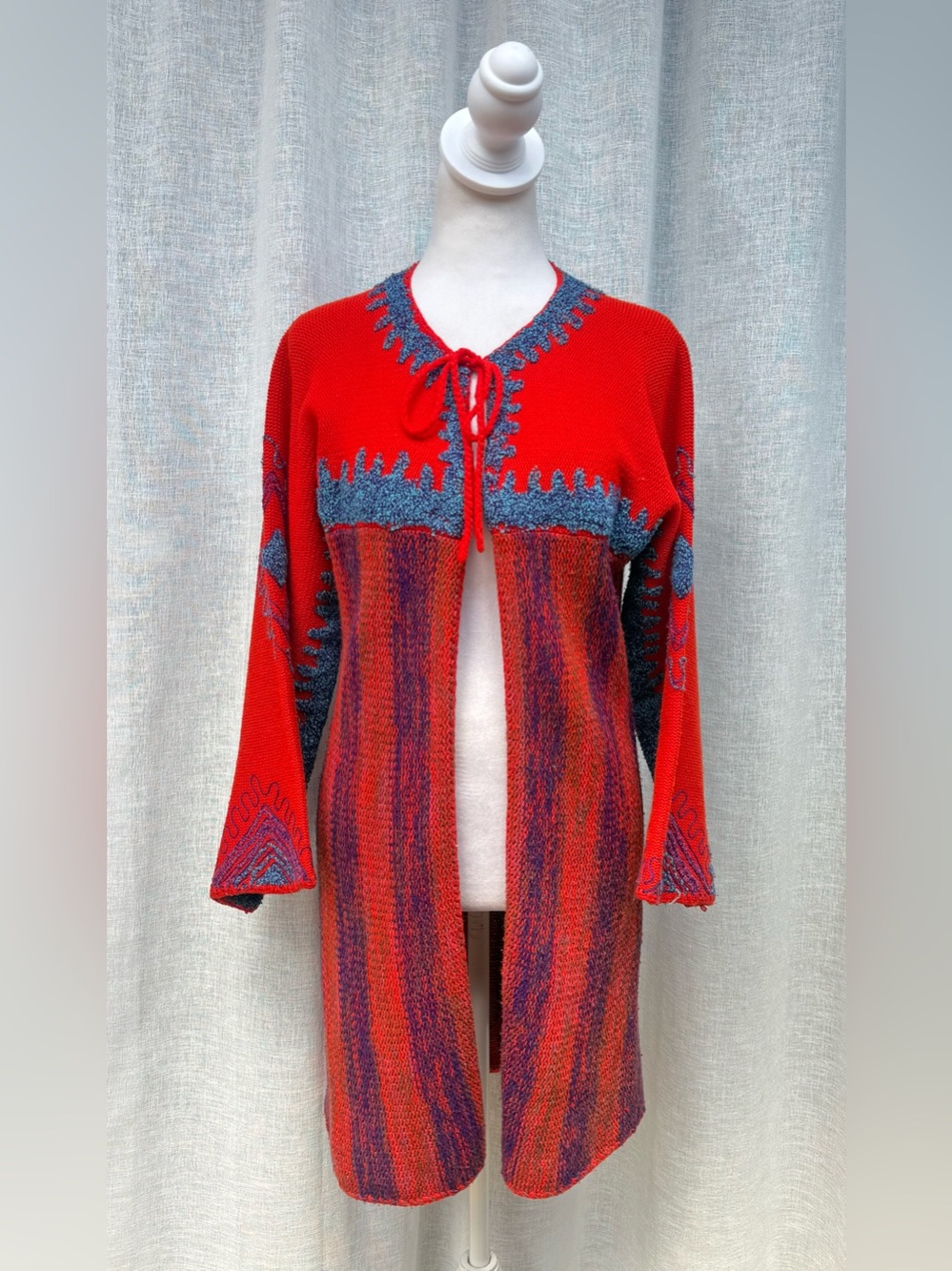 1970s Rikma striped duster jacket featuring a red and blue knitted - Picture 2 of 8